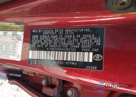 2004 Toyota Camry Le from USA, damaged, VIN 4T1BE32K84U362193